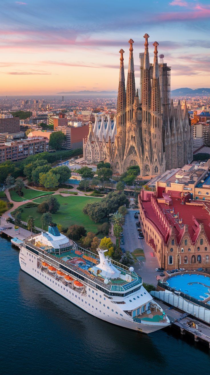 Barcelona waterfront with cruise ships and the city skyline: one of Europe's most spectacular Mediterranean port cities