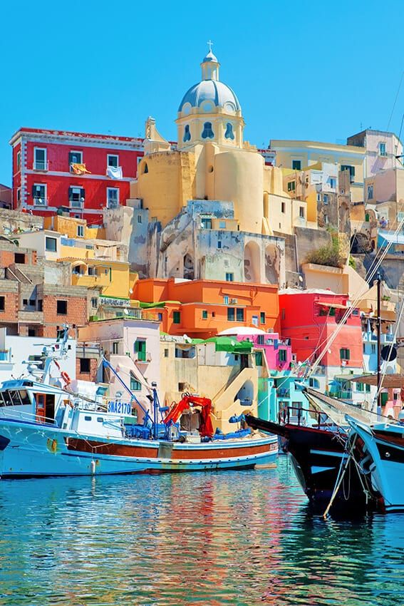 The island of Capri from the sea: the famous Faraglioni sea stacks rising from the turquoise waters of the Bay of Naples