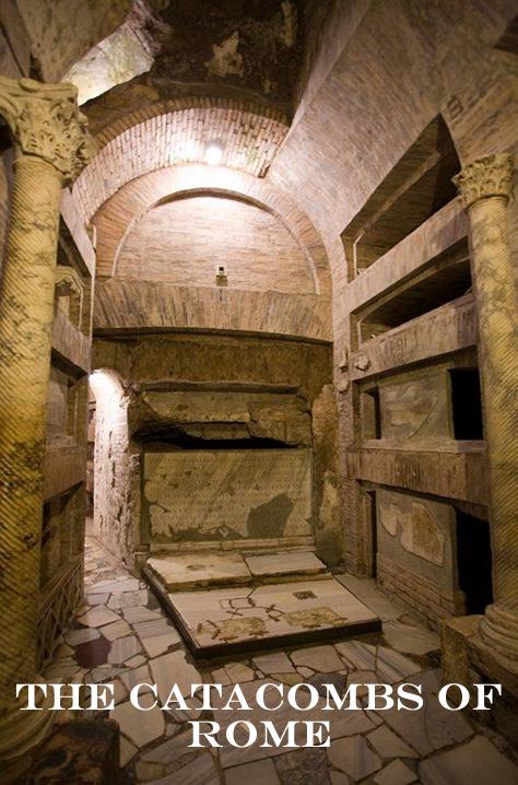 Underground galleries of the Roman Catacombs — narrow corridors lined with loculi burial niches carved from volcanic tufa rock